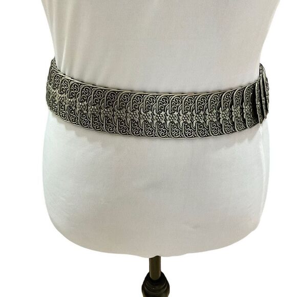 Vintage Belt Rocker Biker Large Ornate Buckle Pewter Toned Floral Turquoise 30” - Picture 2 of 9